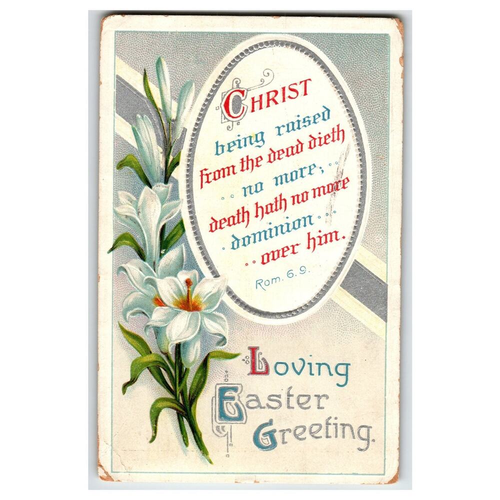 Antique 1911 Embossed Easter Lilies Postcard Religious Verse International Art
